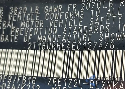 2014 Toyota Corolla Le из США, поврежденный, VIN 2T1BURHE4EC127476